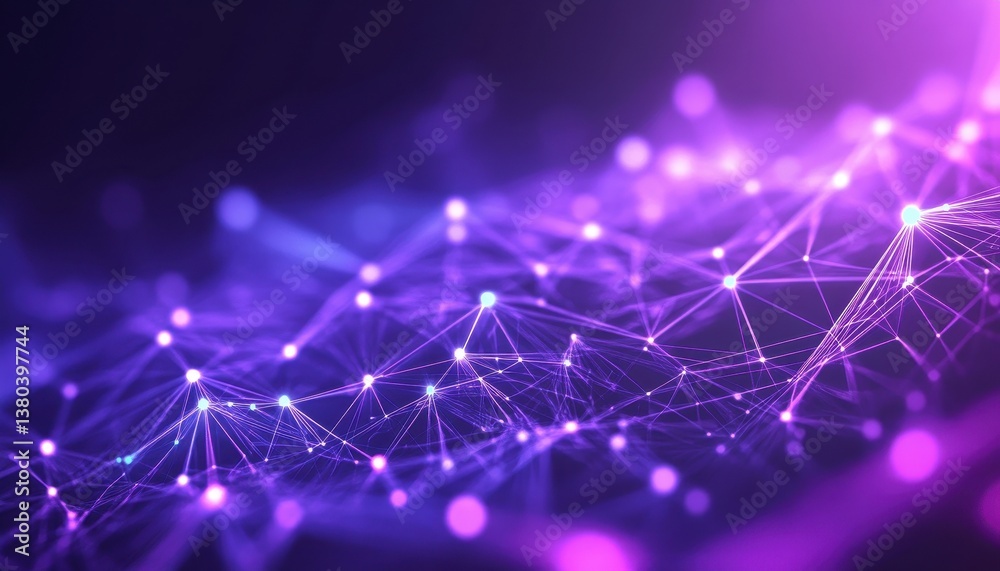 Fototapete Abstract Purple Network of Interconnected Nodes and Lines Connecting Data Points in a Dark Background with Futuristic Glow and Modern Digital Structure