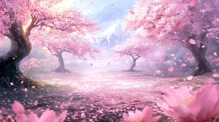 Watercolor Scene of Cherry Blossom Trees in Bloom