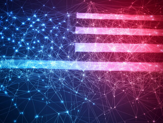 Obraz premium Abstract cybernetic USA flag with a global network and technological nodes