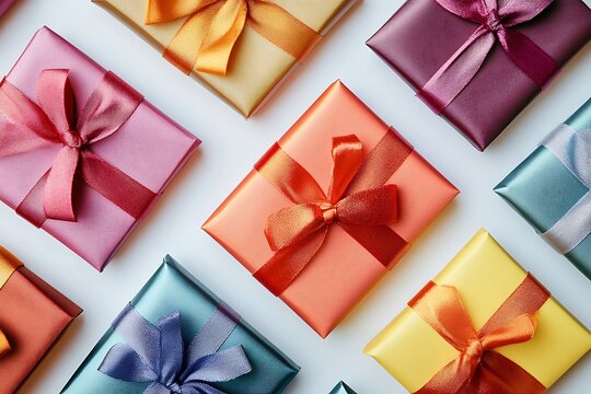 A vibrant collection of beautifully wrapped gifts, each tied with a luxurious ribbon bow, ready to bring joy and excitement on a special occasion, showcasing a delightful array of colors and textures.