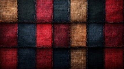 Fototapeta premium Textured patchwork of various fabrics in alternating brown, red, and dark blue tones