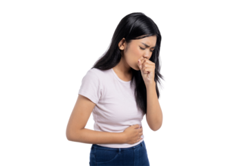 Young Asian woman coughing with hand covering mouth, suffering from dry cough or respiratory issue, isolated on transparent background