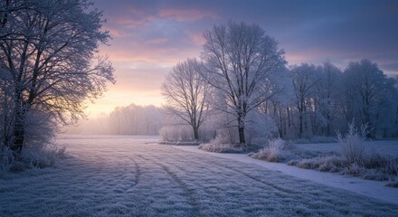 Winter Sunrise Over Snowy Landscape