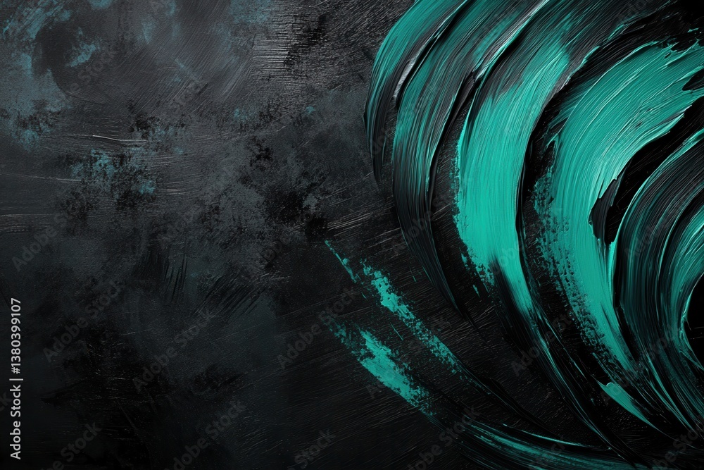 Poster abstract turquoise paint swirls on dark textured background for modern art design with decorative br