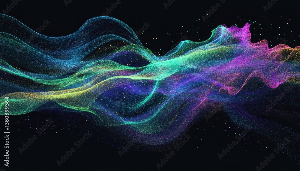 Poster Abstract Wave of Multicolored Glittering Particles on a Black Background Creates a Dynamic and Visually Stunning Pattern with a Modern Futuristic Style