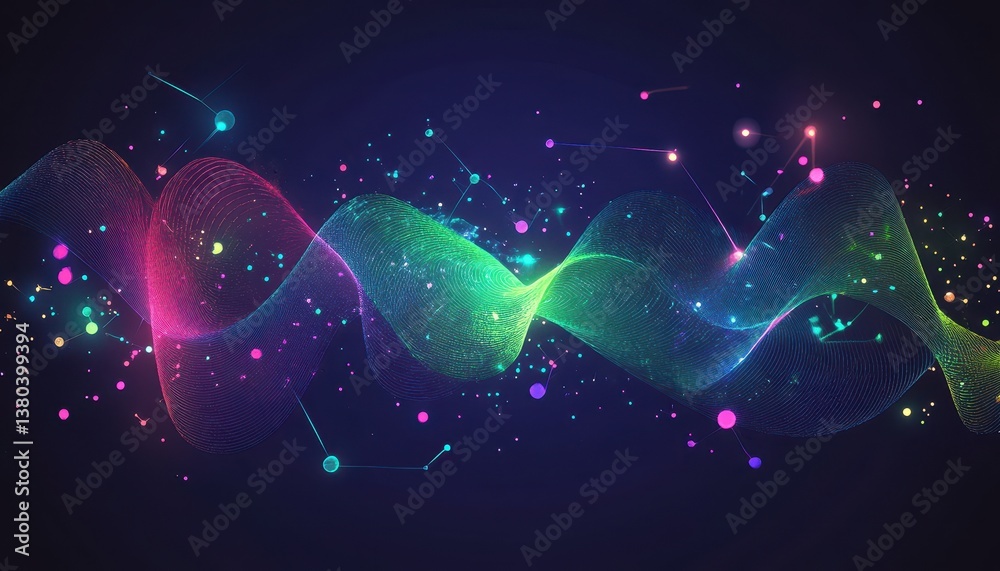 Aufkleber Abstract Wave with Colorful Glowing Particles on Dark Background for Technology Design and Modern Graphic Illustration