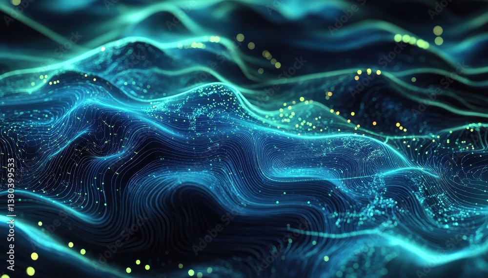 Aufkleber Abstract Wavy Blue Background with Data Stream and Glowing Particles Dynamic Technological Illustration