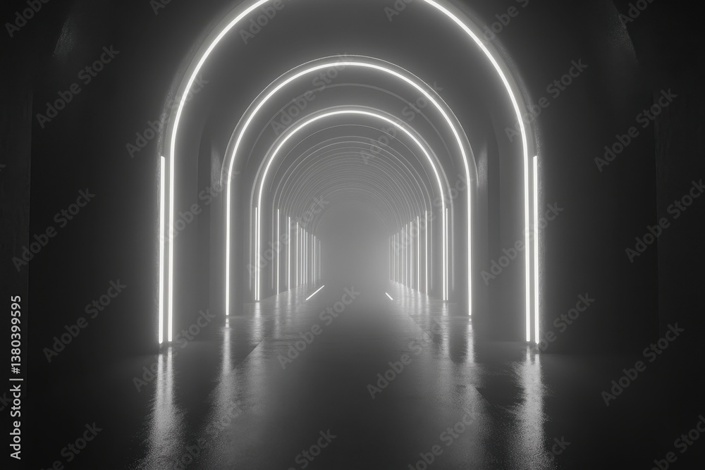 Aufkleber abstract white illuminated tunnel perspective with arches on dark backdrop modern geometric illumina