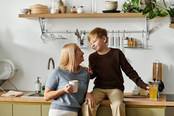 Cherishing moments of connection between mother and son in a cozy kitchen space