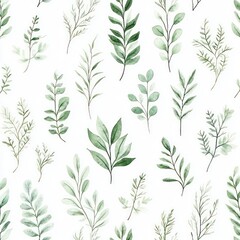 Fototapeta premium Botanical Illustration Seamless Pattern of Green Leaves and Plants in Soft Watercolor Style for Wallpaper and Textile