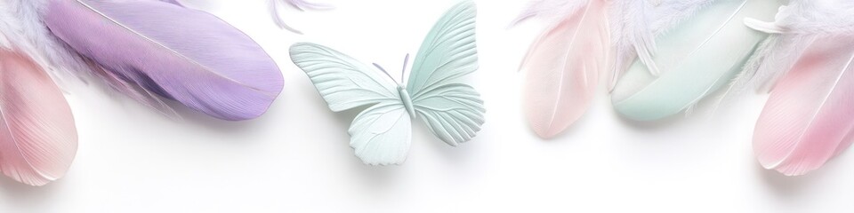 A butterfly with soft mint, lavender, and soft pink feathers, arranged on a crisp white background
