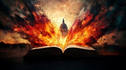 Capitol Hill engulfed in flames with book of prophecy.