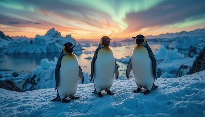 Obraz premium Three emperor penguins stand on snowy hill at dusk under aurora borealis lights. Sea bay with icebergs. Travel arctic landscape. Global warming polar wildlife. 