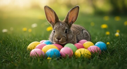 A whimsical Easter Bunny peeking out from behind a large painted egg, surrounded by lush green grass and small, colorful wildflowers. The scene is bathed in soft, golden-hour sunlight, with a distant 