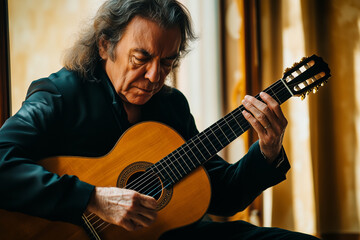 Guitarist playing passionately, in warmly lit room. Generative AI