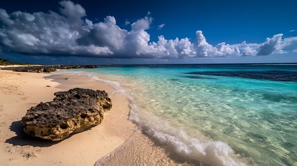 Caribbean Dream Turquoise Waters with Sandy Beach, and Dramatic Clouds.