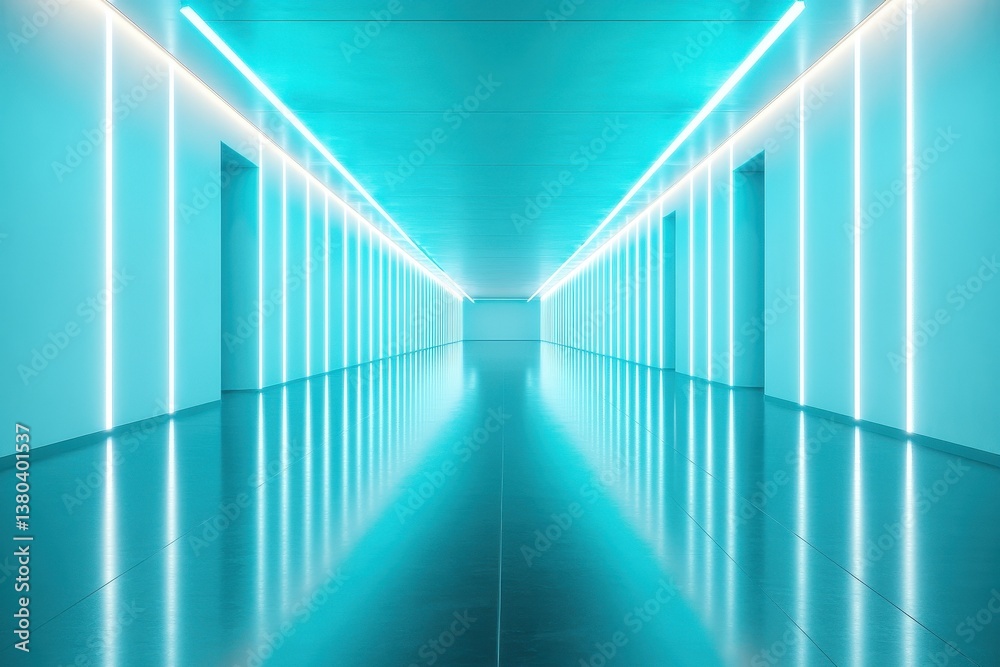 Aufkleber bright turquoise lit hallway perspective with seamless shiny surface and minimalist linear architect