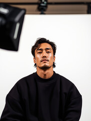 Obraz premium Young man in black hoodie sitting in studio behind camera setup, modern content creator concept