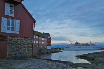 Classic expedition cruiseship cruise ship liner Delphin docked at pier in Thorshavn, Faroe Islands...