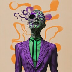 Surreal Collage Art Vibrant Purple Green Suit Abstract Patterns Modern Design Pop Art