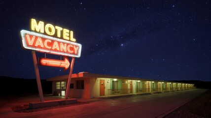 Naklejka premium Neon Motel Sign Illuminates Dark Night Sky with Stars Above