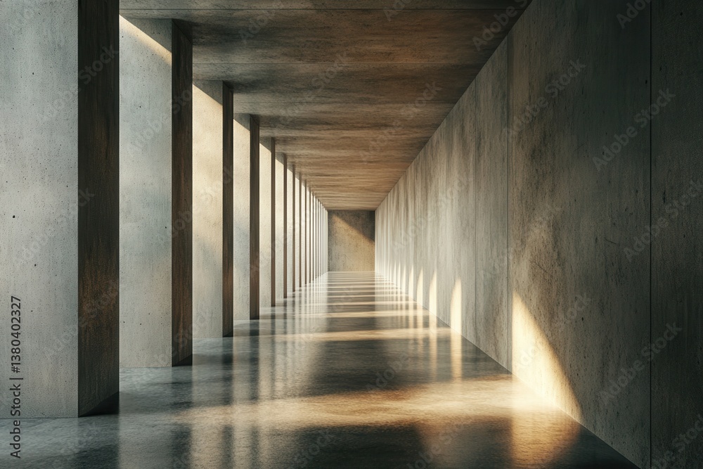 Aufkleber concrete hallway with sunlight streaming through pillars creating shadows with long perspective and 