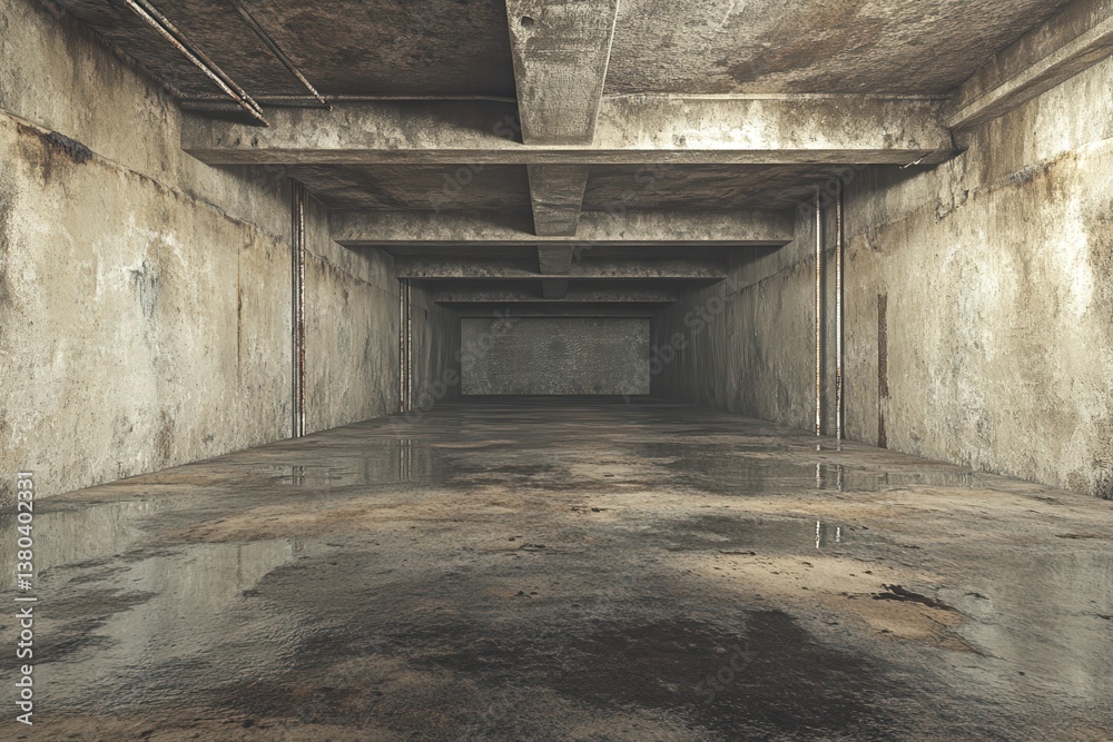 Poster Concrete Tunnel with Water Reflections and Industrial Architecture in Dim Lighting with a Symmetric Perspective and a Long Hall in Gray Tones