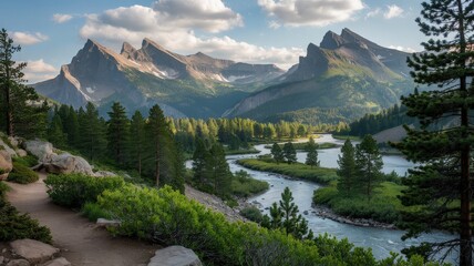 Scenic Mountain Landscape with River and Lush Greenery in Nature