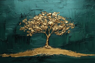 Detailed Gold Tree on Dark Teal Textured Background with Artistic Finish and Elegant Design for Decorative Wall Art and Luxurious Graphic Elements