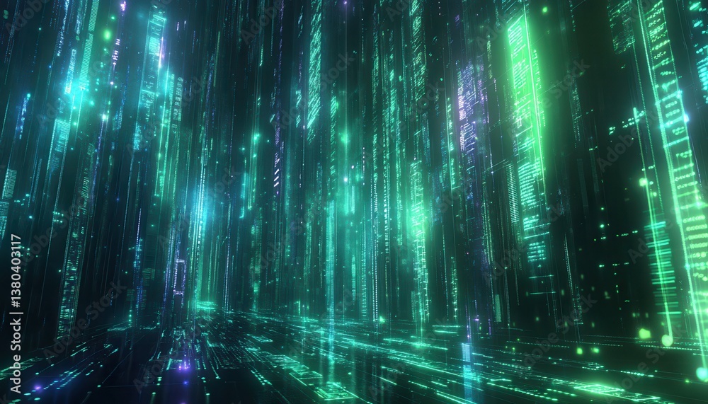 Aufkleber digital cascade of emerald and teal light streams abstract background