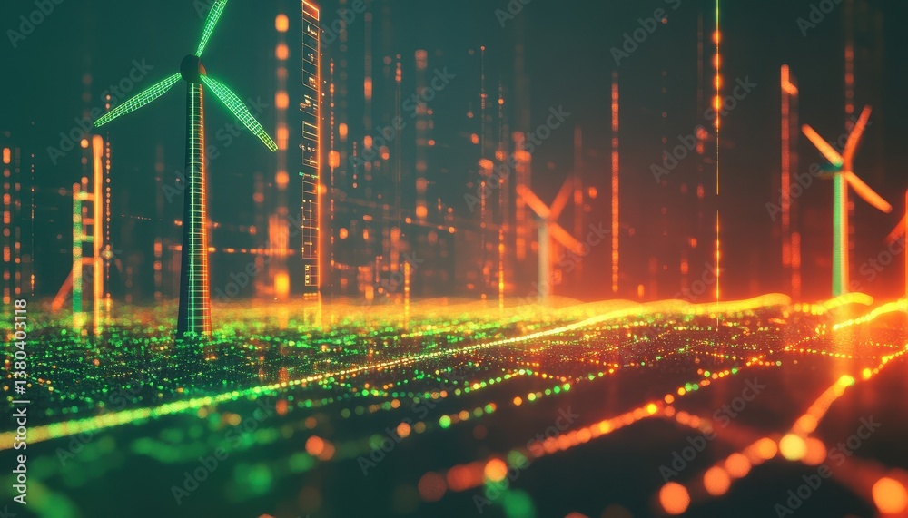 Poster Digital Wind Turbines Generating Renewable Energy with Glowing Data Networks in a Futuristic Green and Orange Field at Night