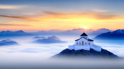 A serene mountaintop at dawn, bathed in soft golden light and surrounded by drifting clouds