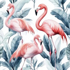 Naklejka premium Flamingo and Tropical Leaves Seamless Pattern Watercolor Pink Bird Greenery Botanical Illustration Fabric Design