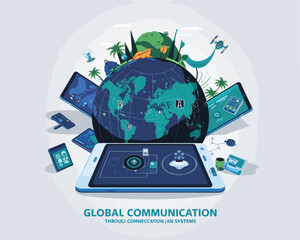 vector illustrative poster that celebrates global communication technology . Showcase a world travel by advanced communication systems.
