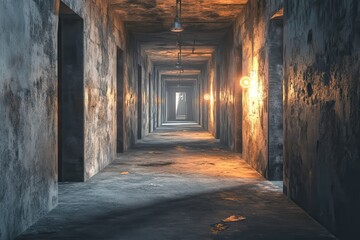 Dimly Lit Concrete Corridor with Architectural Elements and Grunge Texture Showing Perspective and Depth with Distant Light Source