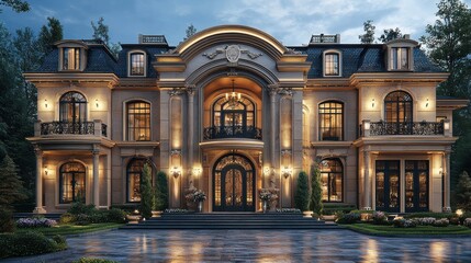 Imposing and Majestic Luxury Palace Mansion with Ornate Architectural Features Balconies and Beautifully Landscaped Grounds Illuminated at Night
