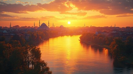 Fototapeta premium Golden Sunset over Istanbul: A Breathtaking Panorama