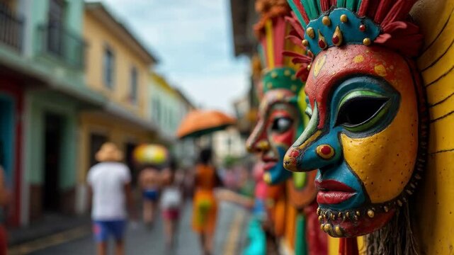 M&aacute;scaras coloridas en exhibici&oacute;n durante festival callejero en ciudad colonial