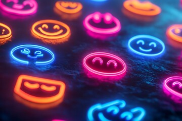 A vibrant galaxy of glowing smiles, expressing universal joy and happiness in a dazzling neon light show.