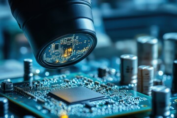 Close examination of a microchip with advanced magnification in a technology workshop