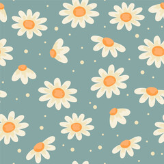 Seamless child illustration with spring flowers of daisies. Vector illustration for background, fabric, packaging, textile, wallpaper, clothing. Isolated
