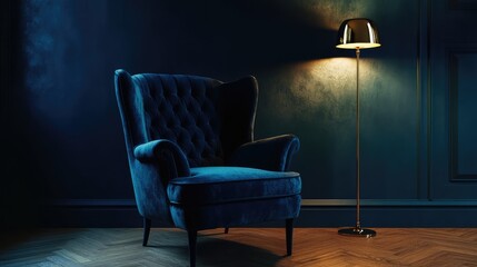 A stylish room with a dark blue velvet armchair featuring a cushion
