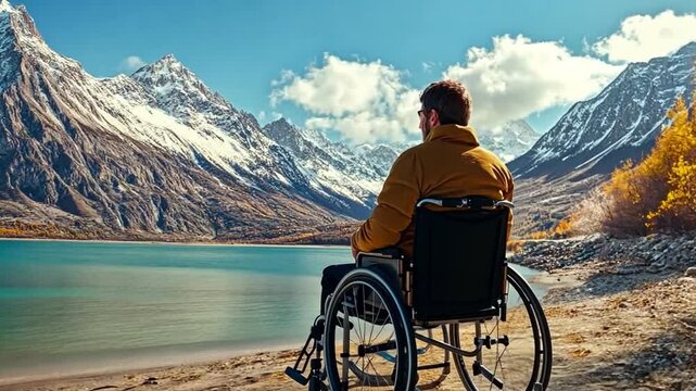 A serene lakeside setting featuring a person in a wheelchair gazing at stunning mountains. This image symbolizes hope, accessibility and the joy of experiencing nature. AI