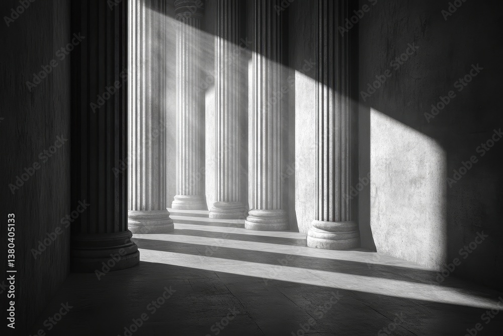 Leinwandbilder Dramatic Light and Shadow Between Stone Columns Inside Old Building Architectural Interior Featuring Rows of Decorative Classic Columns and Texture Elements with Sunlight