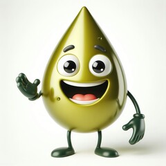 3D image of a hyperreal Olive oil drop character with two big eyes, funny laughing, hands and legs, on a white background