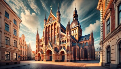 Fototapeta premium Riga cathedral illuminating the cityscape at dawn in latvia