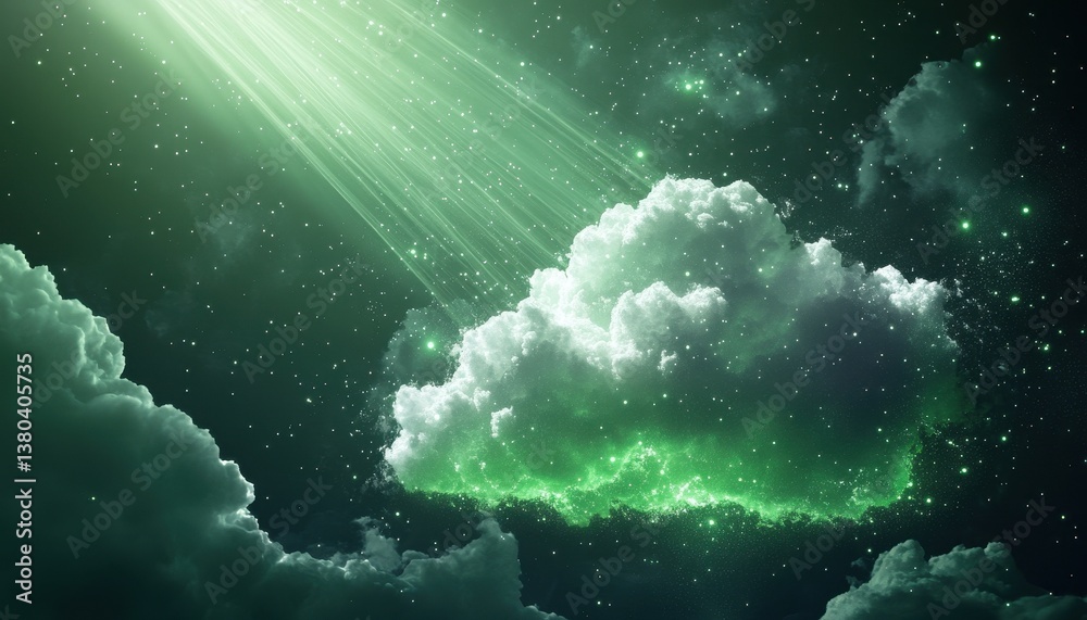 Aufkleber dreamlike green cloudscape with shimmering stars and night sky with luminous green beam emanating so