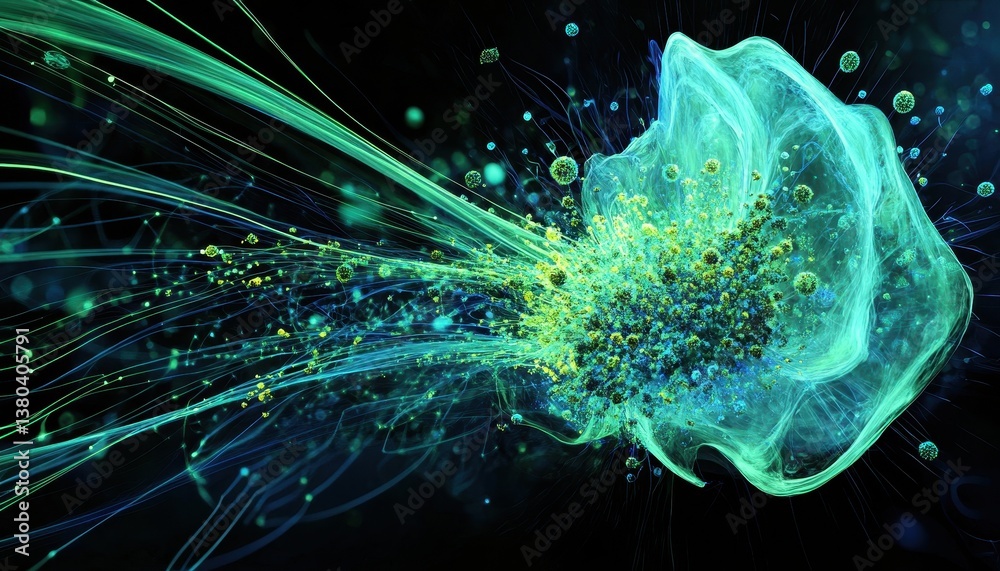 Poster Dynamic Abstract Green and Blue Light Burst on Dark Background Artistic Representation of Energy and Data Flow Digital Artwork Showing Futuristic Technology Concept