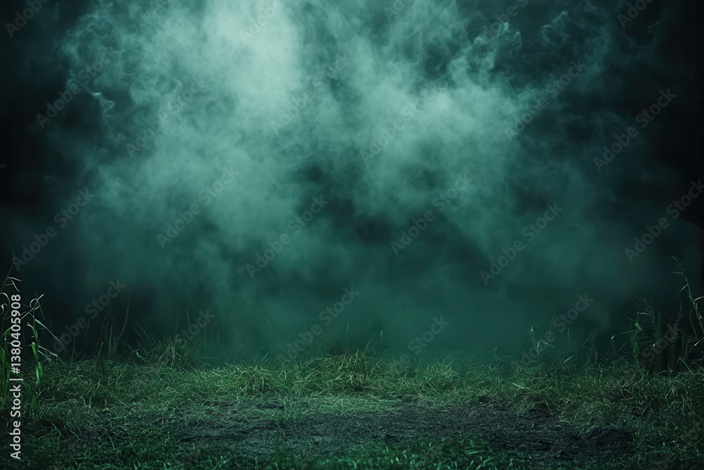 Poster Eerie Green Mist Over Grassy Field Background With Dark Mysterious Atmosphere For Conceptual Composition And Environmental Theme
