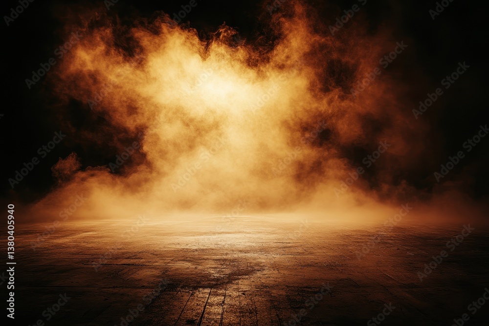 Aufkleber eerie orange smoke illuminated by a spotlight on a dark stage wet floor creates abstract theatrical 